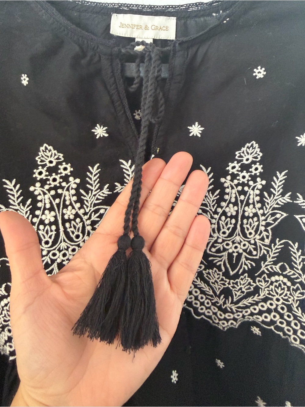 Jennifer & Grace Black Embroidered Boho Peasant Blouse Tassel Top Size M - Picture 8 of 10